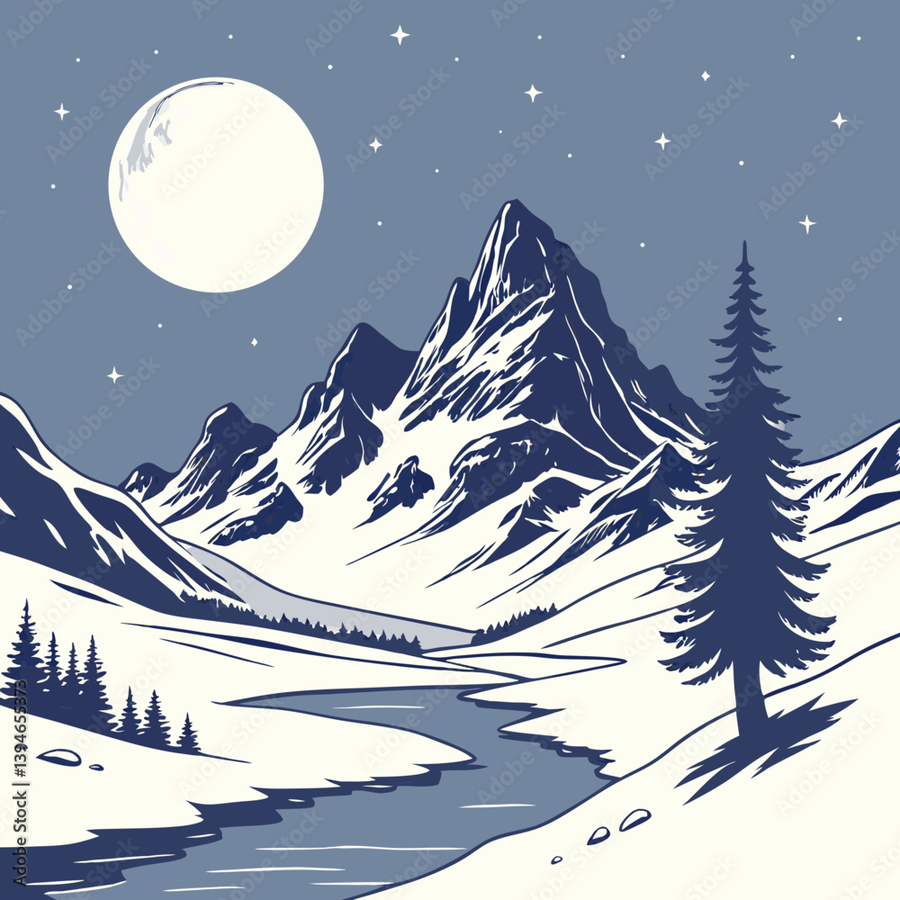 Fototapeta premium Winter Landscape With Mountains Serene Snowy Peaks Under Moonlight – Peaceful Winter Mountain Landscape Vector Art