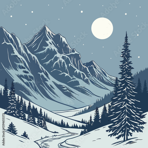 Winter Landscape With Mountains Serene Snowy Peaks Under Moonlight – Peaceful Winter Mountain Landscape Vector Art