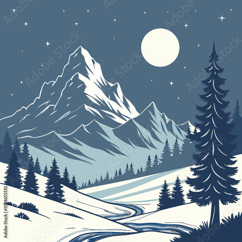 Winter Landscape With Mountains Serene Snowy Peaks Under Moonlight – Peaceful Winter Mountain Landscape Vector Art