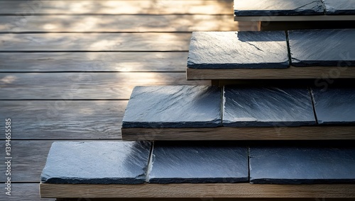 Close-up of gray stone steps next to a wooden wall with light shining.