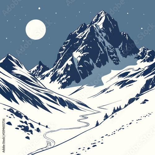 Winter Landscape With Mountains Serene Snowy Peaks Under Moonlight – Peaceful Winter Mountain Landscape Vector Art