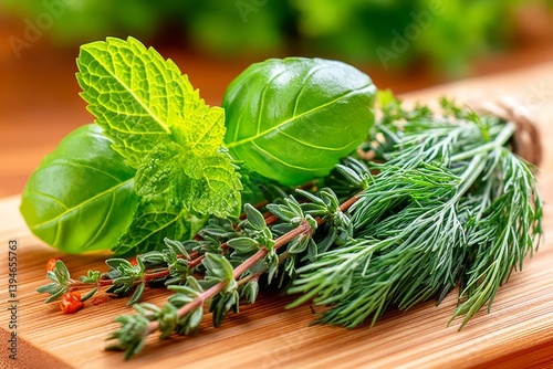Variedad de hierbas aromáticas frescas como albahaca, tomillo, menta y eneldo sobre una tabla de madera photo