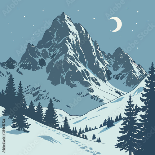 Winter Landscape With Mountains Serene Snowy Peaks Under Moonlight – Peaceful Winter Mountain Landscape Vector Art