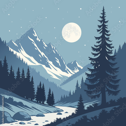 Winter Landscape With Mountains Serene Snowy Peaks Under Moonlight – Peaceful Winter Mountain Landscape Vector Art