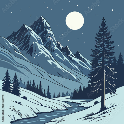 Winter Landscape With Mountains Serene Snowy Peaks Under Moonlight – Peaceful Winter Mountain Landscape Vector Art