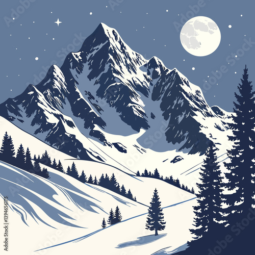 Winter Landscape With Mountains Serene Snowy Peaks Under Moonlight – Peaceful Winter Mountain Landscape Vector Art