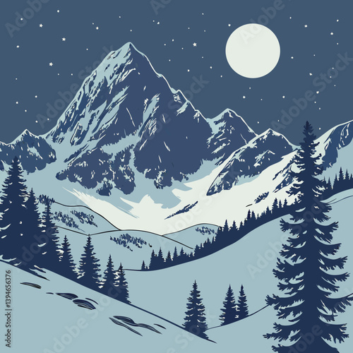 Winter Landscape With Mountains Serene Snowy Peaks Under Moonlight – Peaceful Winter Mountain Landscape Vector Art