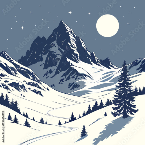 Winter Landscape With Mountains Serene Snowy Peaks Under Moonlight – Peaceful Winter Mountain Landscape Vector Art