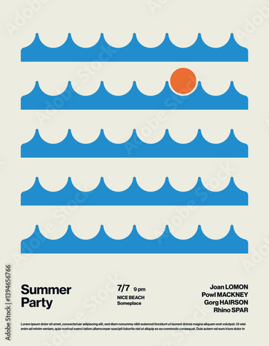 Summer Party Poster Template with Sun and Waves. Minimal design abstract eps10 illustration. Printable file.