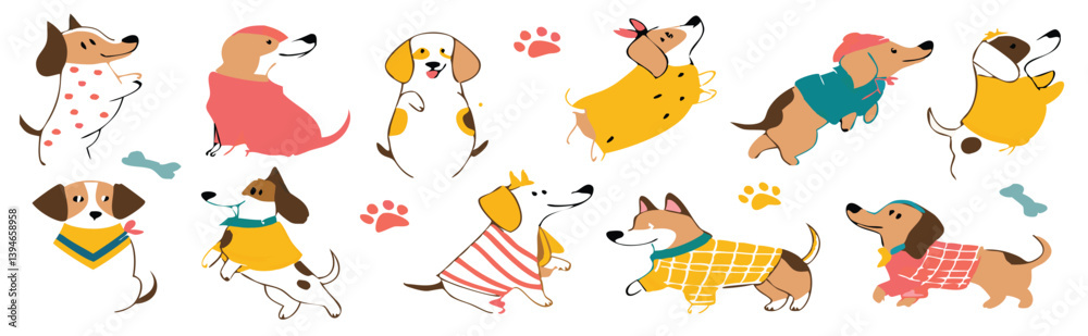 Fototapeta premium Cute Cartoon Cats and Dog Playing in Park with Toys and Paw Prints – Fun Animal Friends Clipart for Kids and Pet Designs. Cute Cartoon Dogs and Animals Celebration Set – Pet Care, Friendship.