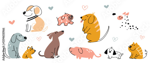 Cute Cartoon Cats and Dog Playing in Park with Toys and Paw Prints – Fun Animal Friends Clipart for Kids and Pet Designs. Cute Cartoon Dogs and Animals Celebration Set – Pet Care, Friendship.