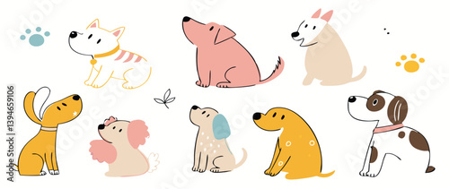 Cute Cartoon Cats and Dog Playing in Park with Toys and Paw Prints – Fun Animal Friends Clipart for Kids and Pet Designs. Cute Cartoon Dogs and Animals Celebration Set – Pet Care, Friendship.