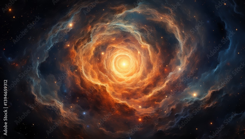 Glowing cosmic star encircled by vibrant clouds of gas and dust in hues of orange, blue, and red, creating depth and movement. Space-themed projects and creative designs. Glowing cosmic star encircled by vibrant clouds of gas and dust in hues of orange, blue, and red, creating depth and movement. Space-themed projects and creative designs.