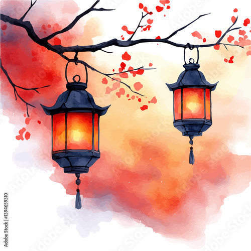 Chinese Lantern flower, watercolor illustration, isolated on a white background.

