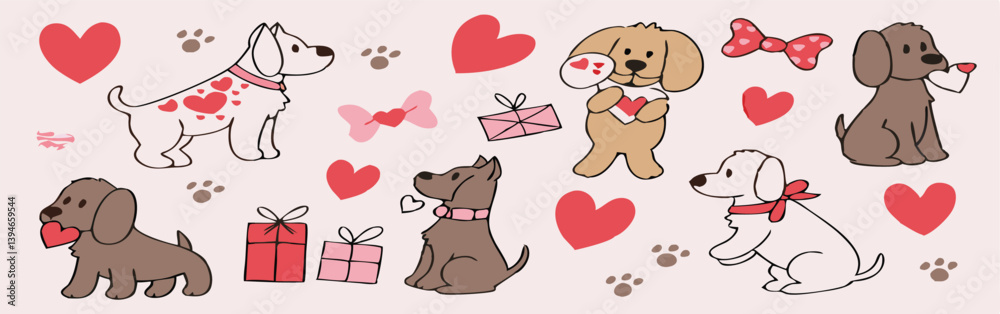 Obraz premium Cute Cartoon Cats and Dog Playing in Park with Toys and Paw Prints – Fun Animal Friends Clipart for Kids and Pet Designs. Cute Cartoon Dogs and Animals Celebration Set – Pet Care, Friendship.