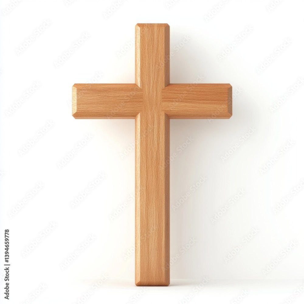 Elegant wooden Catholic church cross, polished honey-brown wood, smooth grain, isolated on white background, serene and peaceful atmosphere Elegant wooden Catholic church cross, polished honey-brown wood, smooth grain, isolated on white background, serene and peaceful atmosphere