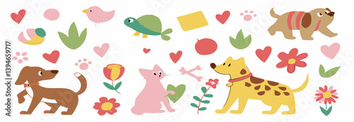 Wallpaper Mural Cute Cartoon Cats and Dog Playing in Park with Toys and Paw Prints – Fun Animal Friends Clipart for Kids and Pet Designs. Cute Cartoon Dogs and Animals Celebration Set – Pet Care, Friendship. Torontodigital.ca