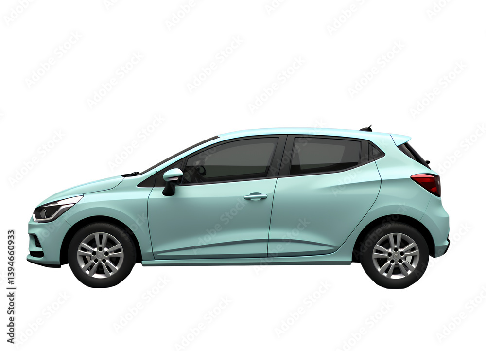 Light Blue Hatchback Car, Side View, transparent background.