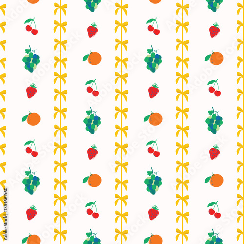 Summer tropical stripe seamless pattern with oranges,  cherries, grapes, bows illustration. Vector citrus fruits background. Modern coquette fruit pattern for fabric, wallpaper and stationery designs.