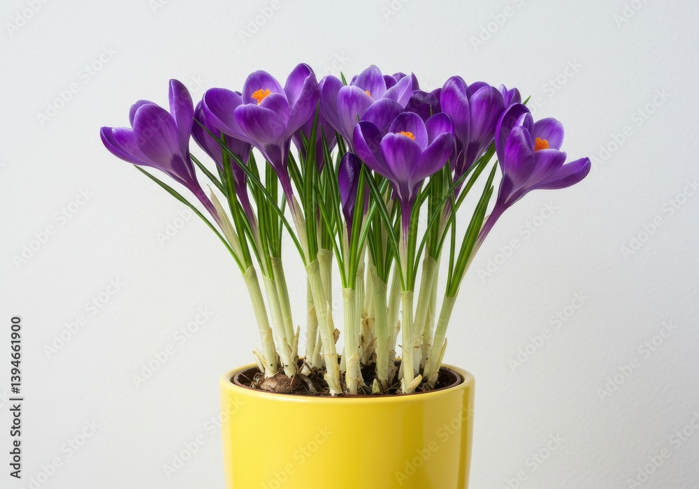 Close up of purple crocus flowers in a yellow pot against a plain white seamless background indoors Close up of purple crocus flowers in a yellow pot against a plain white seamless background indoors