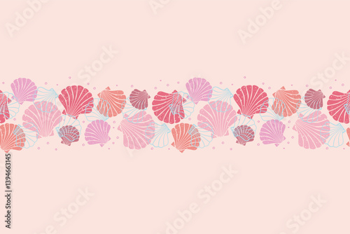 Seamless border of seashells, pink scallops frame illustration.