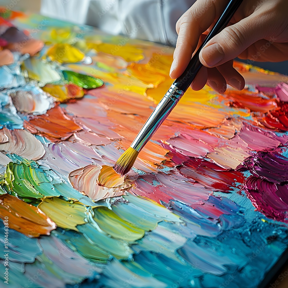Fototapeta premium Artist s Hand Painting Vibrant Impasto Oil Colors on Canvas