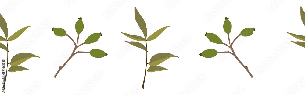 Obraz premium Border leaves and berries on a white background. Hand-drawn illustration. Perfect for spring and summer. 