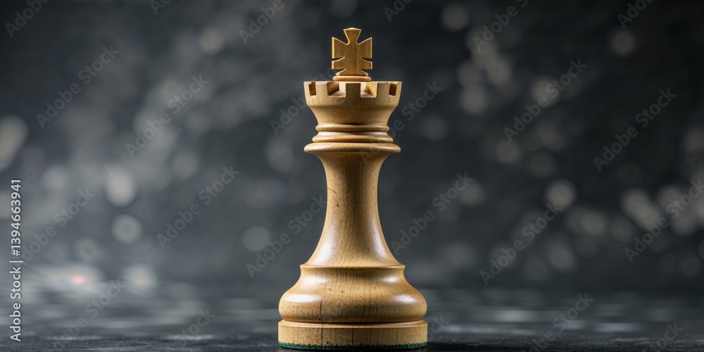 Macro shot of a wooden king chess piece on dark background.