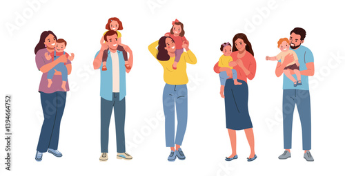 Young  moms and dads with children. Vector cartoon flat style illustration