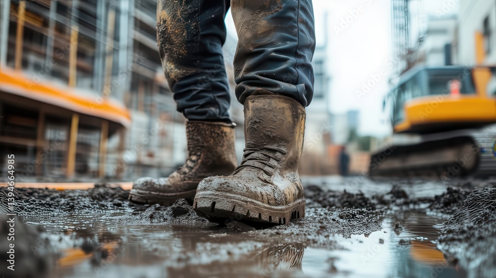Close-up of muddy boots of construction worker standing in mud on site Close-up of muddy boots of construction worker standing in mud on site