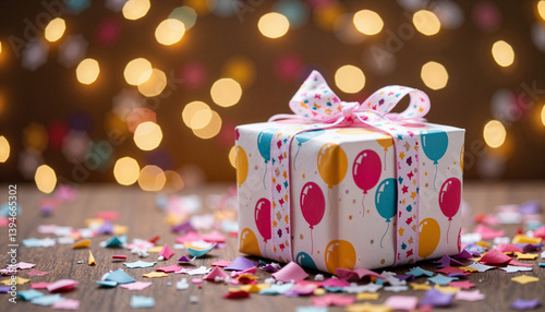 Obraz na płótnie Festive birthday gift box with balloon ribbon, celebration joy w salonie