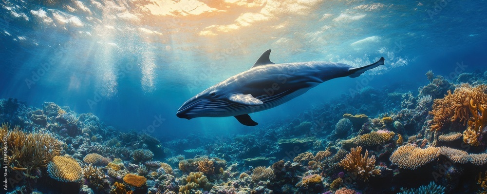 Naklejka premium A whale swimming in the ocean with a coral reef in the background