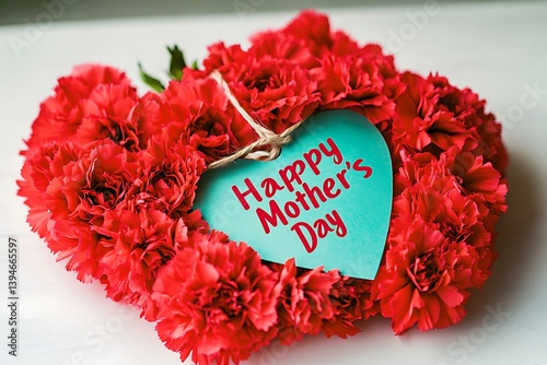 A vibrant paper tag reading "Happy Mother's Day" encased in a heart-shaped arrangement of bright red carnations on a white table.