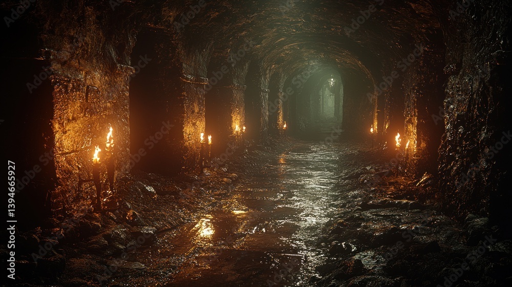 Fototapeta premium Ancient, lit tunnel
