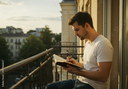 Young Man Sketching in Notebook Balcony Peaceful Urban View