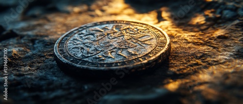 Wallpaper Mural A detailed coin lies on a rocky surface, illuminated by warm sunlight, highlighting its intricate design against the rough texture. Torontodigital.ca