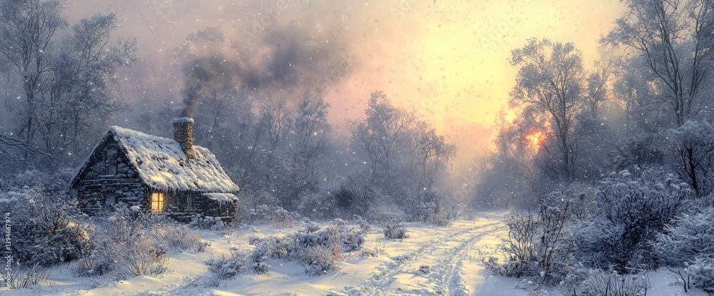 Fototapeta premium Snowy winter landscape with a rustic cabin