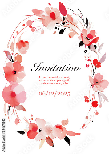 Invitation card with watercolor flowers in oval border . Floral vintage decoration. Vector template for design of wedding invitations and holiday greetings.