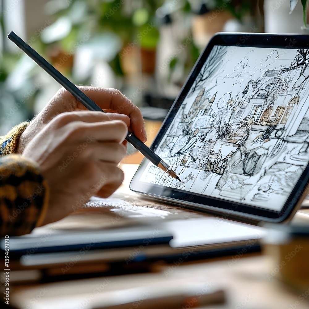Obraz premium Artist using stylus on tablet sketching architectural design close up