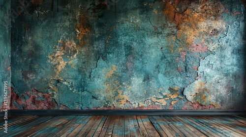 A worn-out wood floor paired with a black frame on the wall above HD 8K wallpaper Photographic Image
