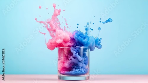 Slow-motion diffusion of blue and pink ink merging in a glass tank