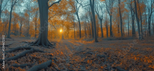 Autumn forest landscape with vibrant orange leaves and sunset glow