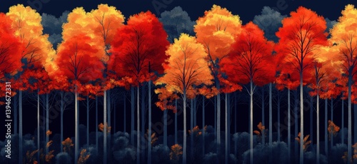Vibrant autumn forest with colorful trees in shades of red, orange, and yellow