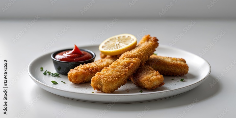 Crispy Fried Fish Sticks with Lemon and Ketchup.