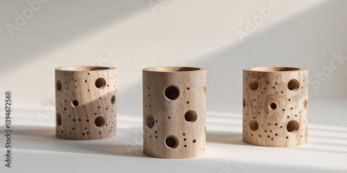 Three cylindrical wooden items with holes and textured surfaces are shown
