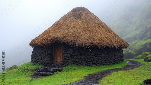 Traditional thatched hut in misty landscape