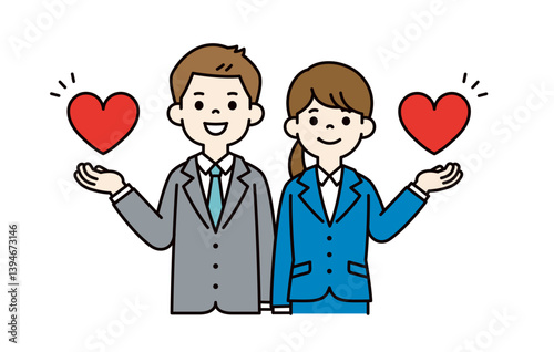 片手にハートを浮かべる、若い男女の会社員のベクターイラスト素材＿線の編集可能＿カラー