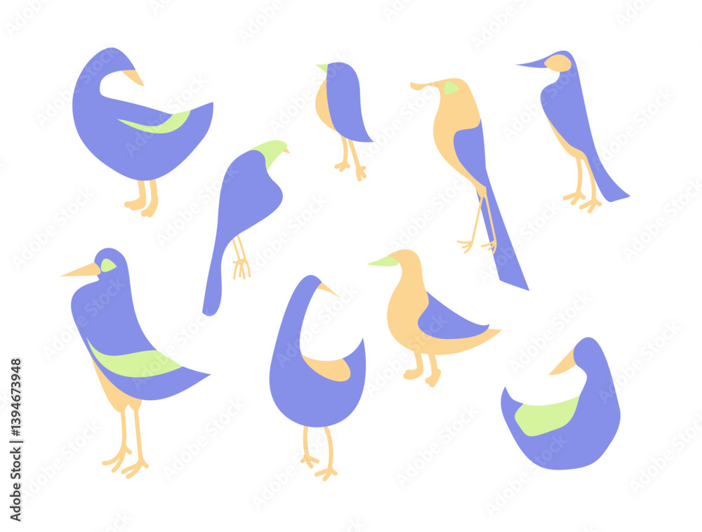 Obraz premium Set abstract geometric birds in modern fashion minimal art style on a white background. Duck, sparrow. Cartoon bright concept design. Decorative bauhaus composition. Creative vector flat illustration.