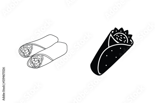 Burrito Vector Icons With Filling And Tortilla Wrap In Black And White