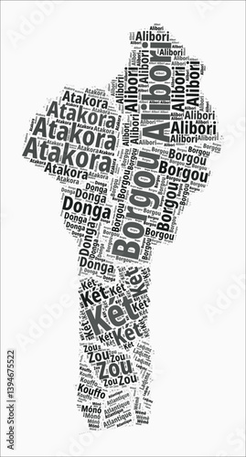 Benin Text Style Regions. Country region names word clouds in French language. Amazing vector illustration.